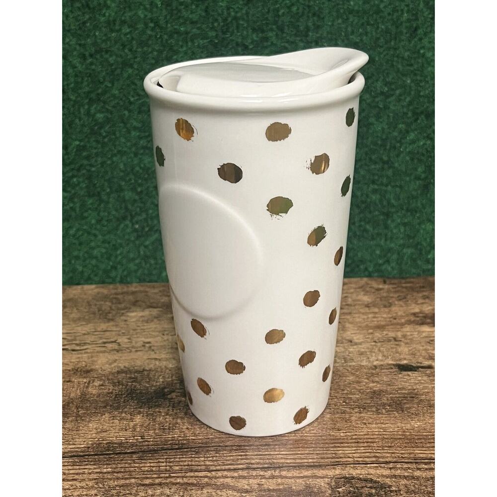 Starbucks 2014 Gold POLKA DOT 10 oz Ceramic Travel Tumbler/Mug w/Lid - Picture 3 of 8